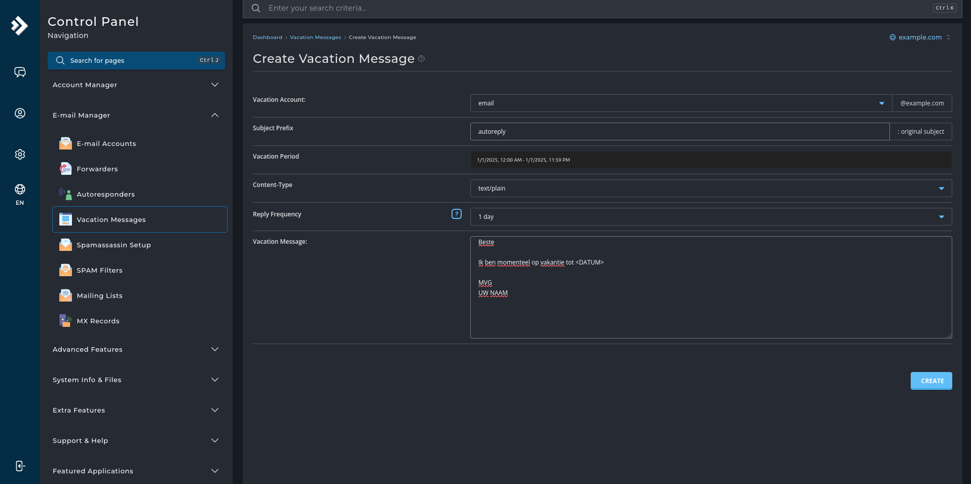 Vacation message form