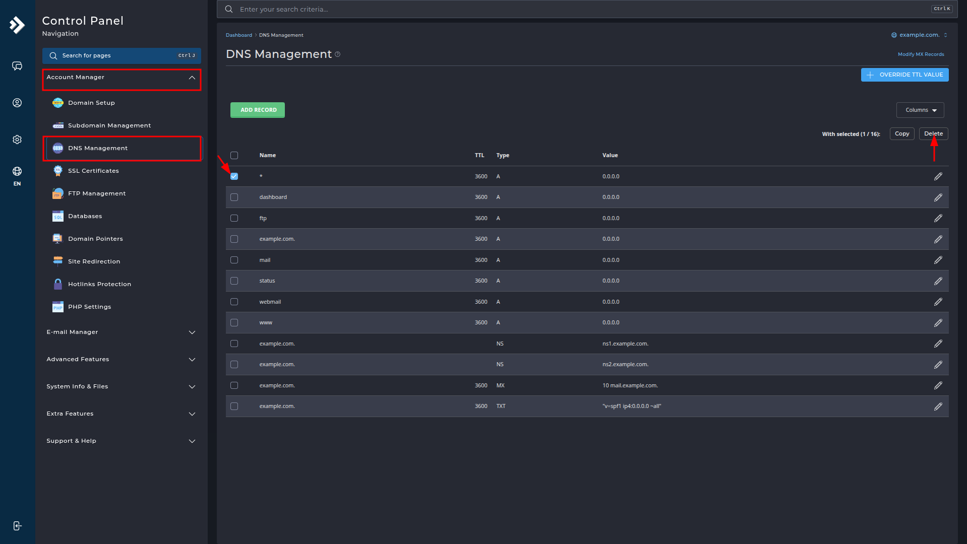DNS-records selecteren voor verwijdering